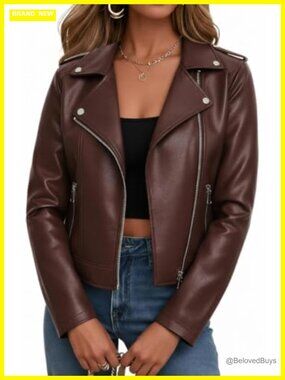 Faux Leather Cropped Moto Biker Jacket Zip Up Short Coat